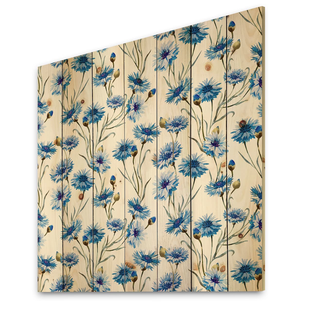 Designart - Blue Cornflowers With Green Leaves II - Traditional Print on Natural Pine Wood